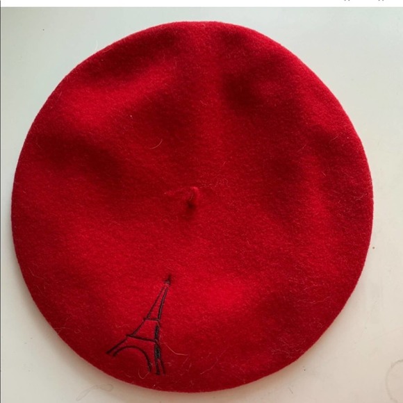 Red Laulhère Paris France pure merino wool black Eiffel Tower embroidered Beret main image 15